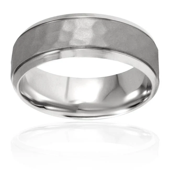 Wave design ring-8mm Hammered Beveled Wedding Band 14K White Gold