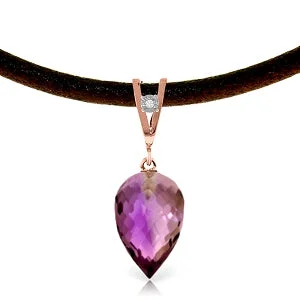 Square pendant necklace-9.51 Carat 14K Solid Rose Gold Leather Necklace Diamond Amethyst