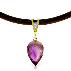 Cluster emerald necklace-9.51 Carat 14K Solid Yellow Gold Leather Necklace Diamond Amethyst