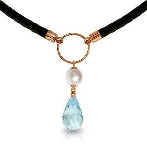 Bold zircon necklace-9 Carat 14K Solid Rose Gold Leather Necklace Pearl Blue Topaz