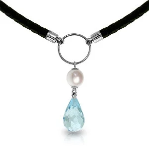 Spiral design necklace-9 Carat 14K Solid White Gold Leather Necklace Pearl Blue Topaz