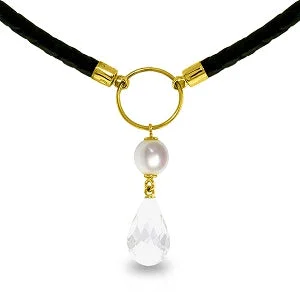 Gothic rose necklace-9 Carat 14K Solid Yellow Gold Leather Necklace Pearl White Topaz