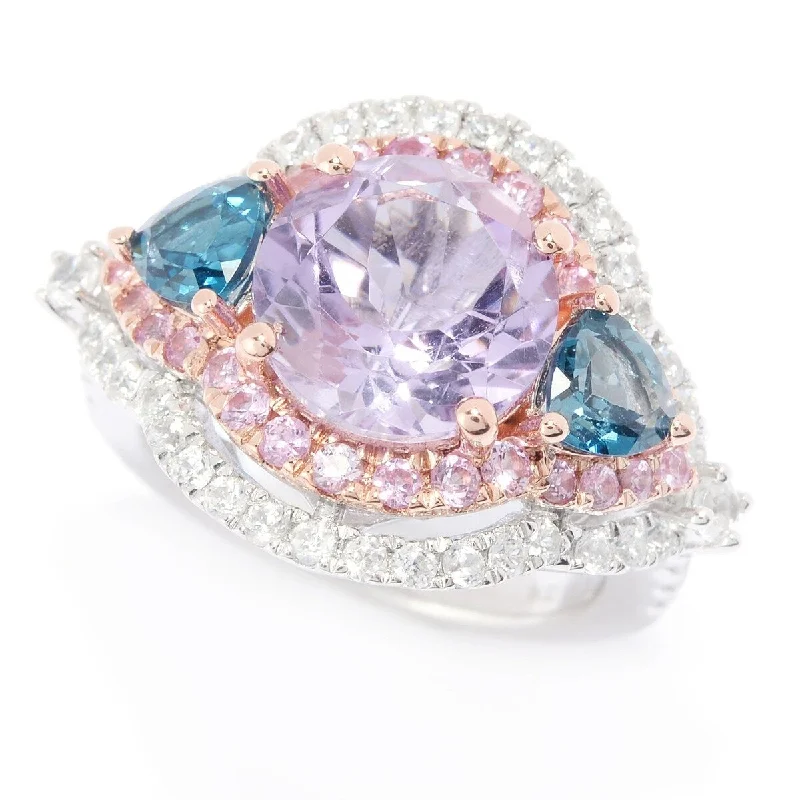 Triple stone ring-925 Sterling Silver London Blue Topaz,Pink Amethyst,Pink Sapphire,White Natural Zircon Ring