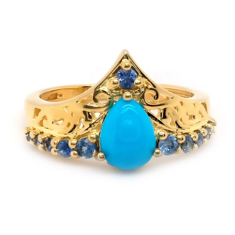 Sunflower design ring-925 Sterling Silver Over Gold Plated Sleeping Beauty Turquoise With Ceylon Blue Sapphire Gemstone Ring