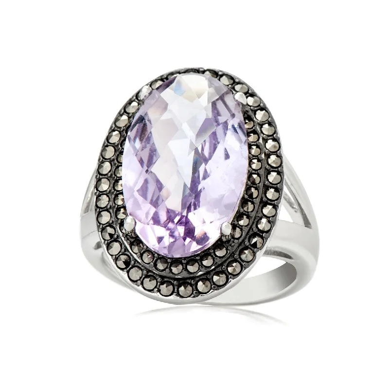 Black onyx ring-925 Sterling Silver Pink Amethyst and Marcasite Ring