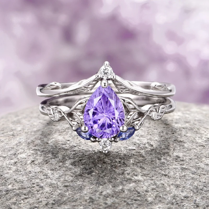 Bold zircon ring-Aerie Star Cut Lavender Sapphire Ring Set- 14K White Gold