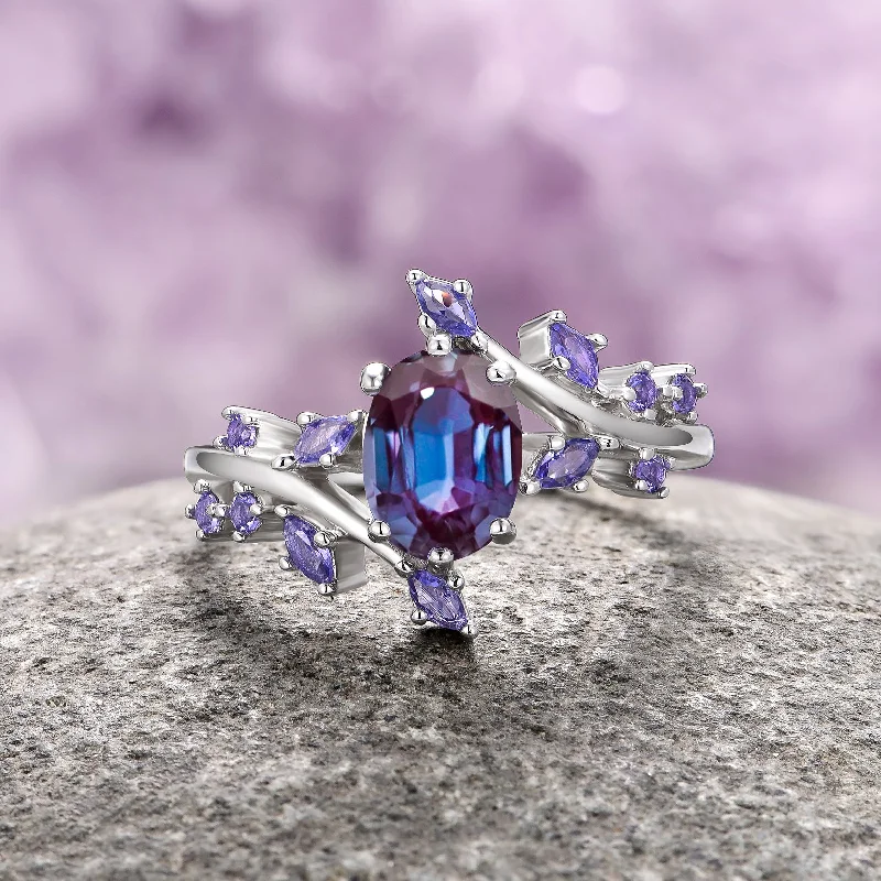 Spiral design ring-Alexandrite & Cornflower Sapphire Fairy Leaf Ring- 14K White Gold