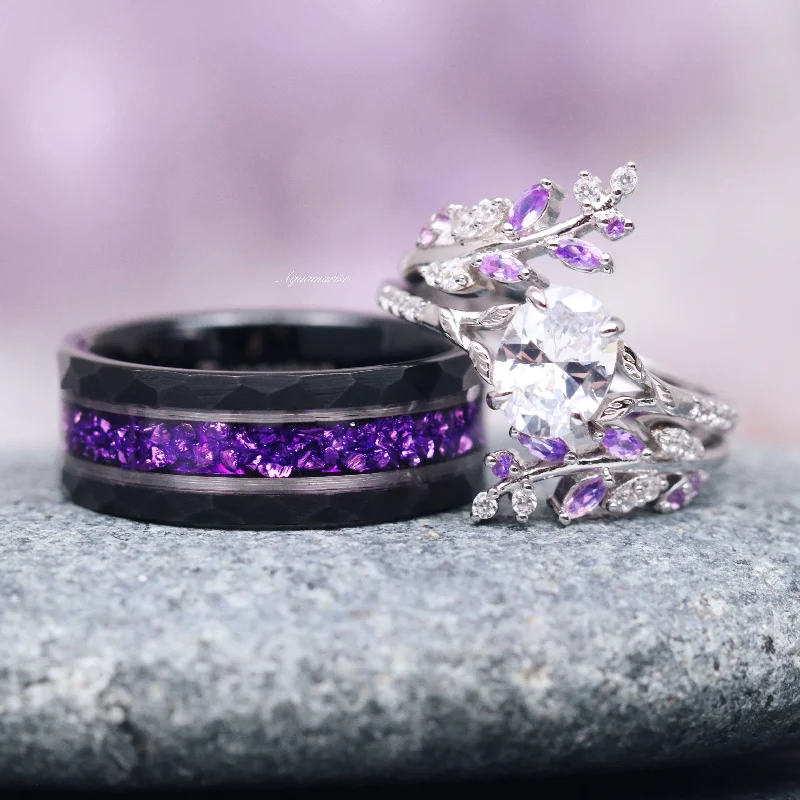 Cluster emerald ring-Amethyst & Diamond (cz) Leaf Couples Ring