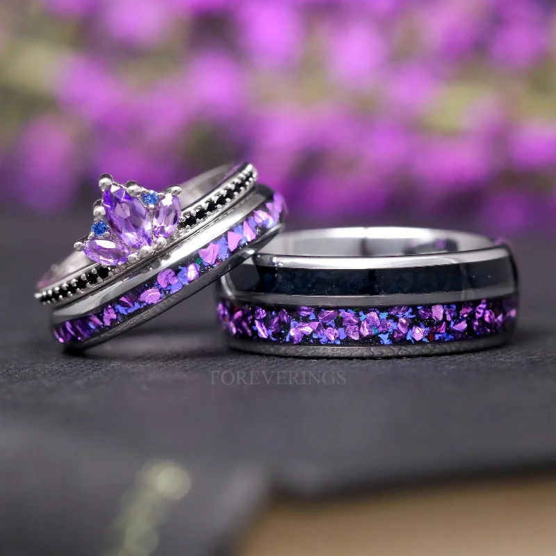 Double band cocktail ring-Amethyst Lotus Couples Ring Set