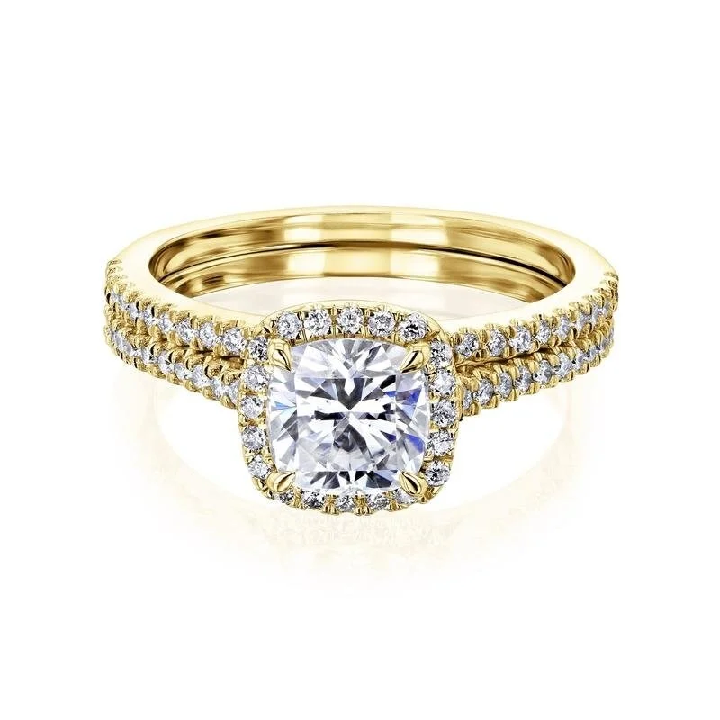 Star-shaped ring-Annello by Kobelli 14k Gold Cushion Forever One Moissanite Floating Halo Bridal Set (DEF/VS, GH/I)