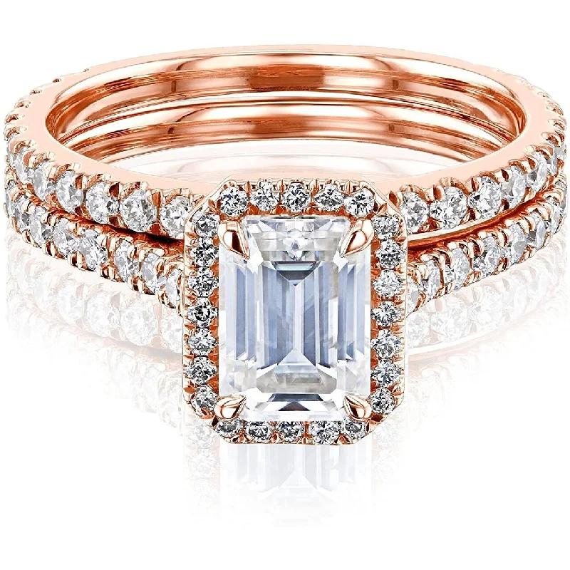 Chevron stack ring-Annello by Kobelli 14k Gold Emerald Cut Forever One Moissanite Halo Bridal Set (DEF/VS, DEF/VS)