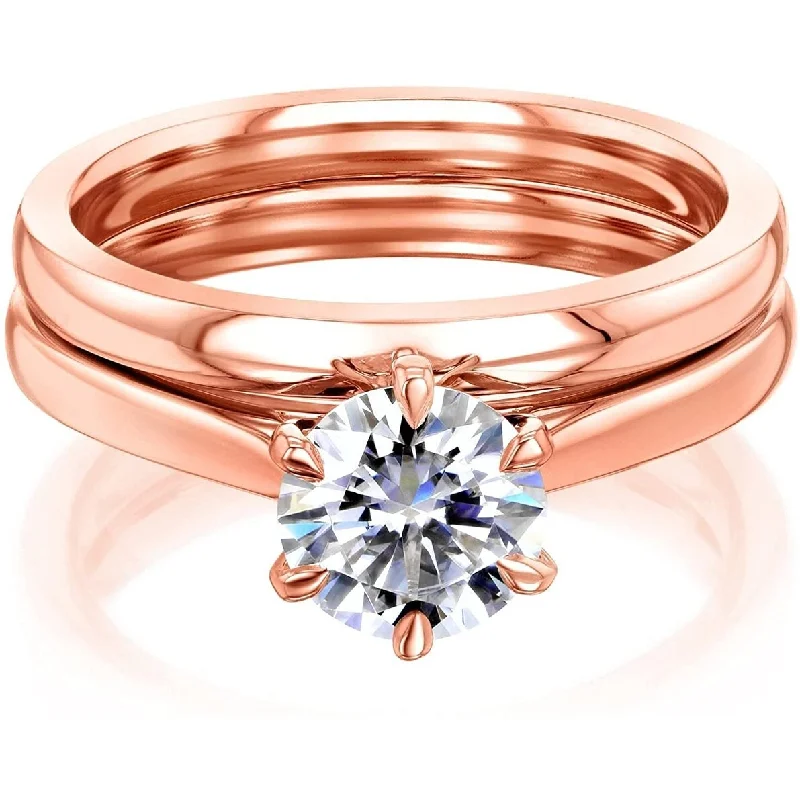 Chevron stack ring-Annello by Kobelli 14k Gold Moissanite 6-Prong Solitaire Bridal Set (HI/VS)