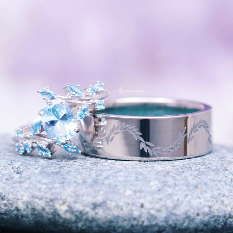 Braided gold ring-Aquamarine Leaf Couples Ring Set