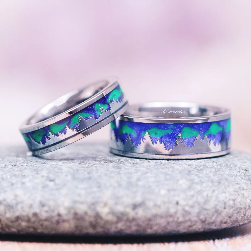 Floral cluster ring-Aurora Borealis Forest Couples Ring Set- Northern Lights & Trees