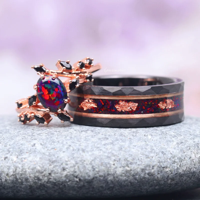 Enamel flower ring-Black Fire Opal & Onyx Leaf Couples Ring- Rose Gold/ Black Tungsten