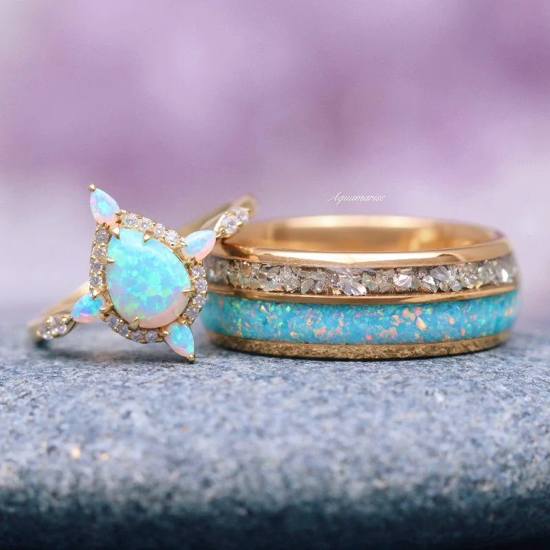 Filigree detail ring-Blue Fire Opal & Crushed Diamond (cz) Couples Ring