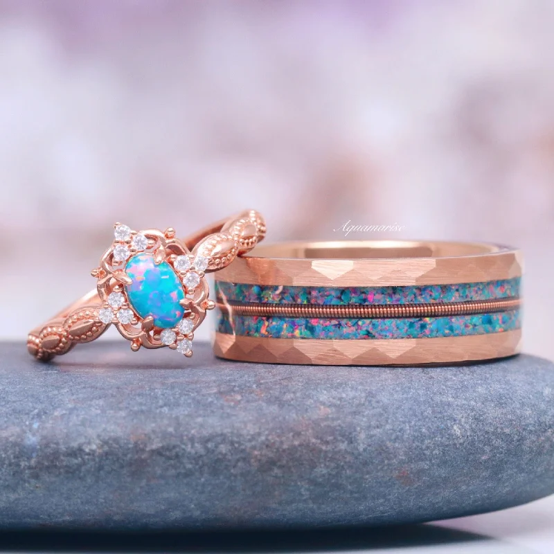 Open adjustable ring-Blue Fire Opal & Guitar String Couples Ring