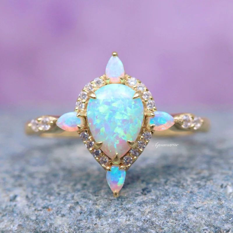 Teardrop crystal ring-Blue Fire Opal Ring- 14K Solid Yellow Gold