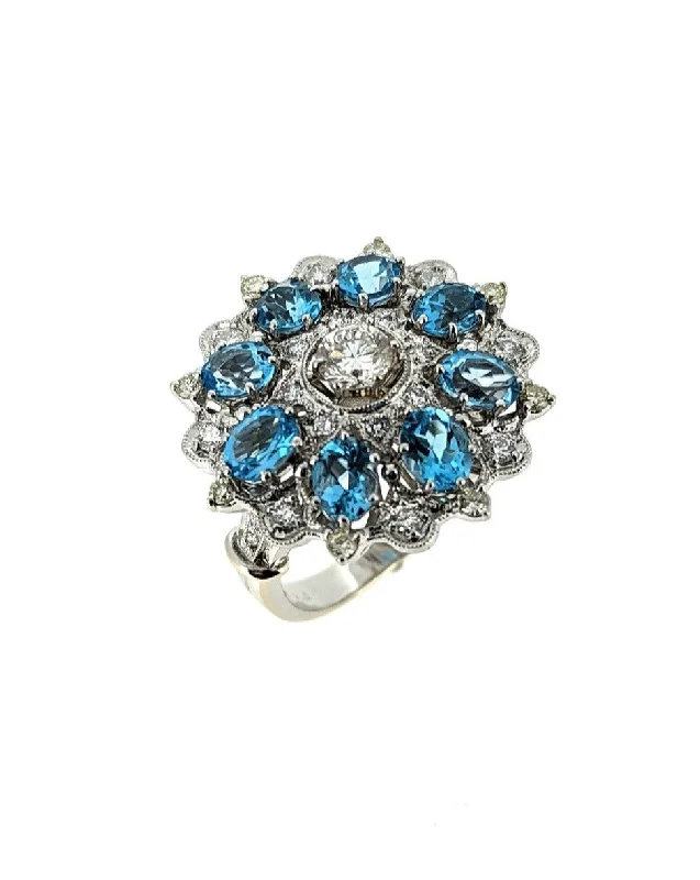 Black diamond ring-Blue Topaz Diamond Cocktail Ring in 18K White Gold