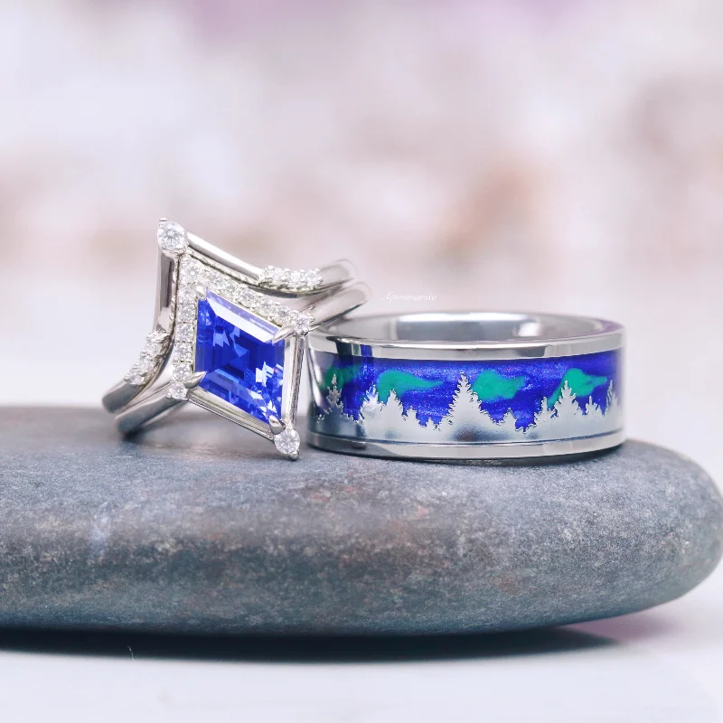 Stackable gem ring-Borealis & Tanzanite Couples Ring Set- Northern Lights & Trees