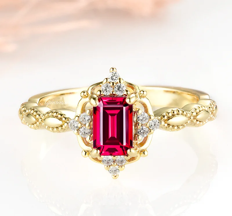 Mixed metal ring-Claire Vintage Ruby Ring- 14K Solid Yellow Gold