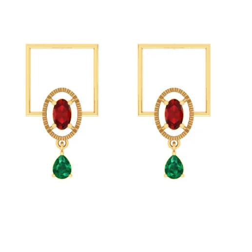 Gold teardrop earrings-Classy Green & Red Stone Studded Gold Earrings