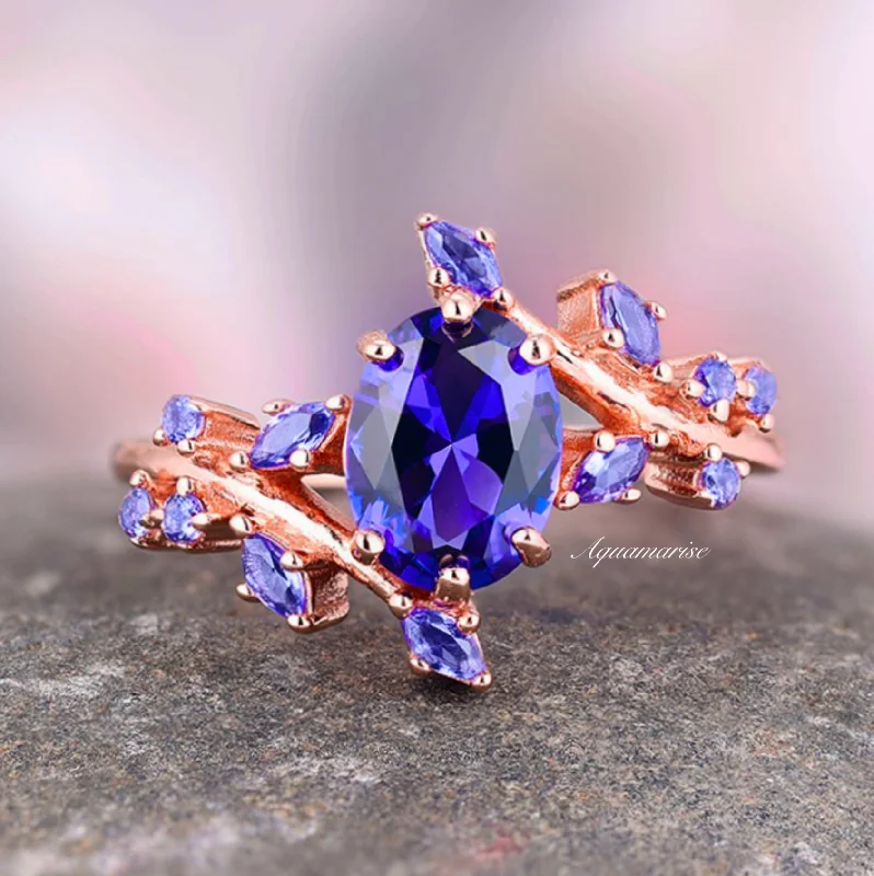 Infinity knot ring-Cornflower Sapphire Leaf Ring- 14K Solid Rose Gold