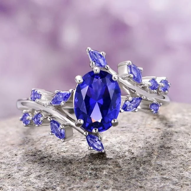 Gothic skull ring-Cornflower Sapphire Leaf Ring- 14K White Gold