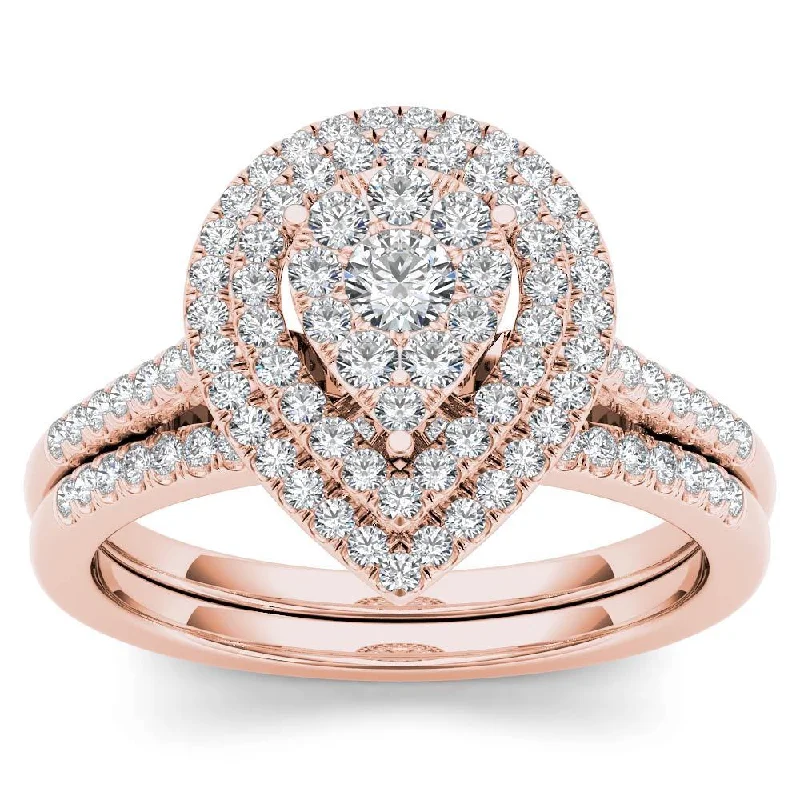 Floral engraved ring-De Couer IGI Certified 14k Rose Gold 1/2ct TDW Diamond Cluster Pear-Shaped Frame Bridal Set