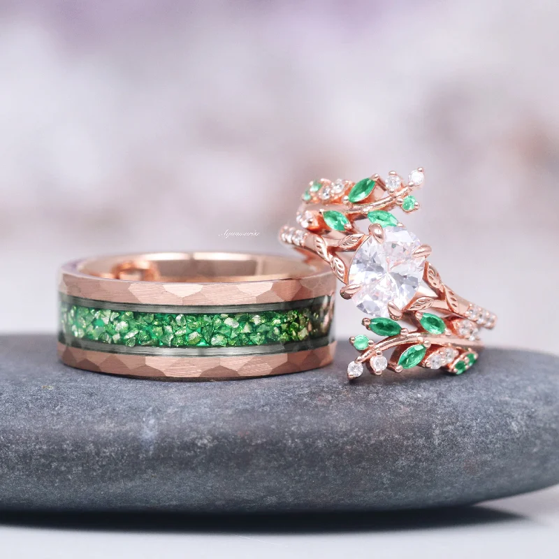 Hexagon shaped ring-Diamond (cz) & Emerald Leaf Couples Ring