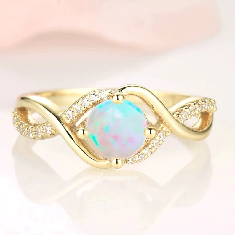 Cushion cut ring-Entwined Natural Australian Opal Ring- 14K Solid Yellow Gold