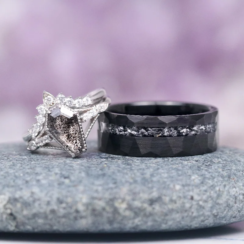 Custom engraved wedding ring-Galaxy Salt & Pepper (Herkimer) Diamond & Meteorite Couples Ring Set