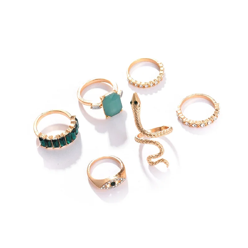 Rough stone ring-Gold Color Pack Of 6 Gold Plated Designer Stone Ring For Women's