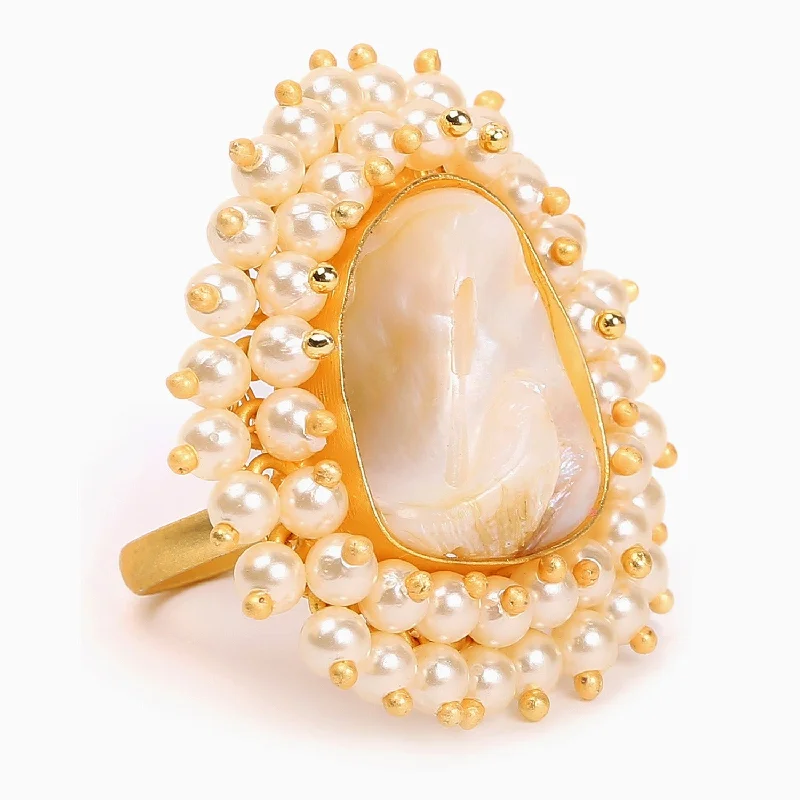 Solitaire ruby ring-Gold-toned White Pearl Beaded Jadau Finger Ring