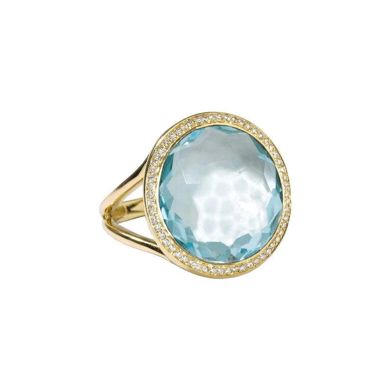 Bamboo style ring-Medium Ring in Blue Topaz with Diamond Halo