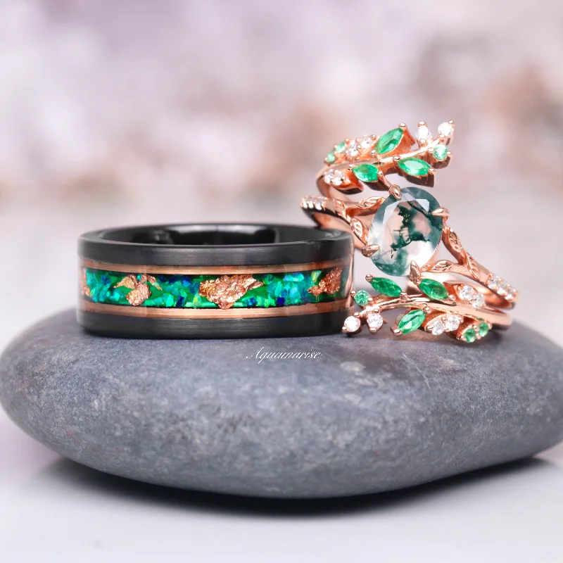 Tribal pattern ring-Green Fire Opal & Moss Agate Leaf Couples Ring