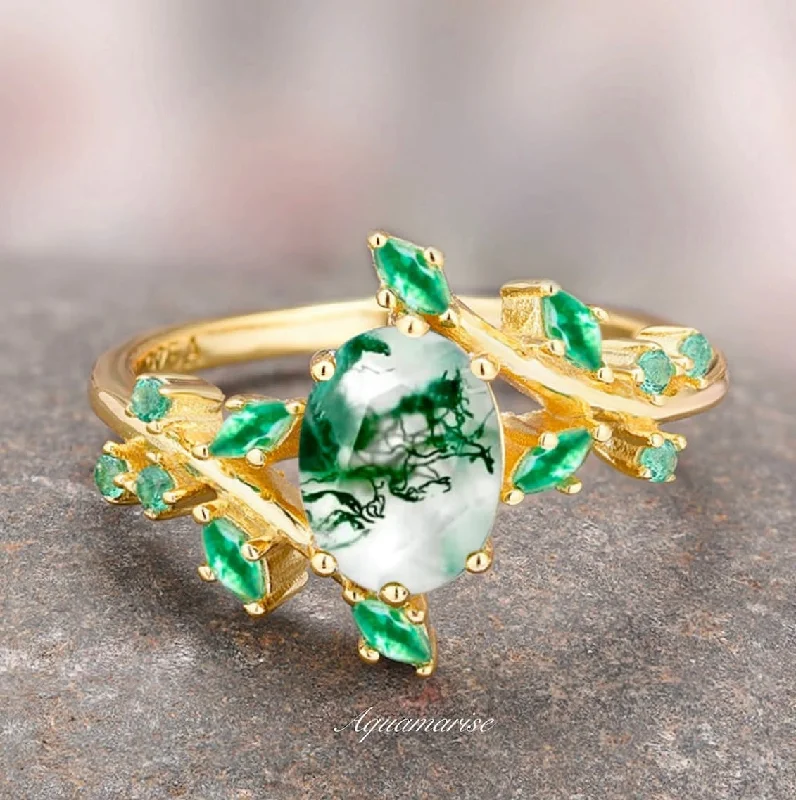 Pearl accent ring-Green Moss Agate & Emerald Leaf Ring- 14K Solid Yellow Gold