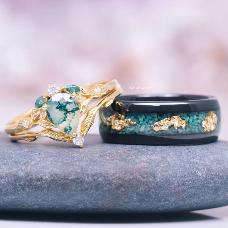 Blue topaz ring-Moss Agate & Gold Leaf Couples Ring