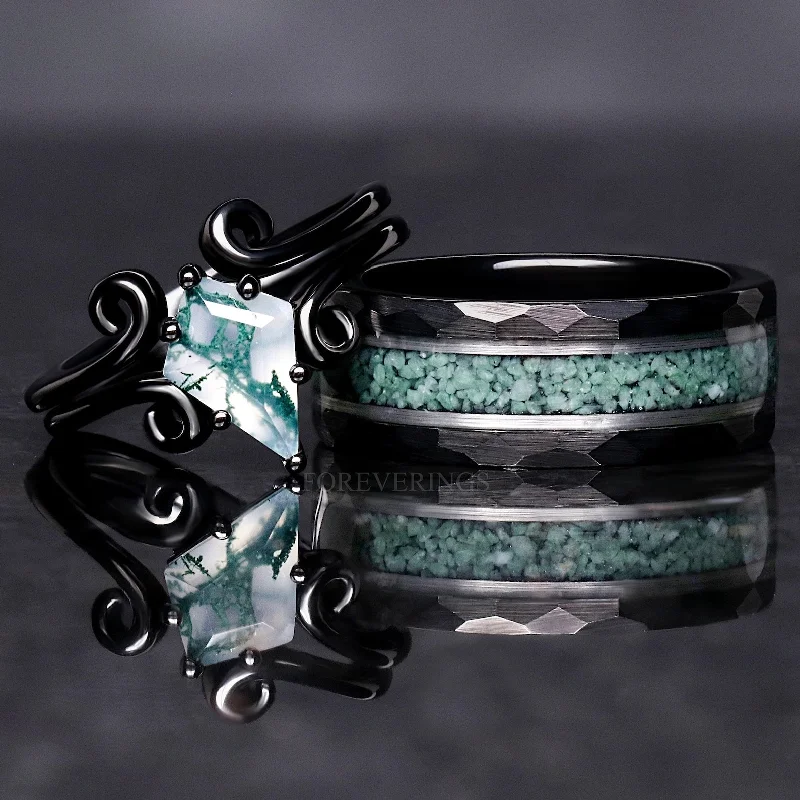 Knotted love ring-Green Moss Agate Twirl Couples Ring Set