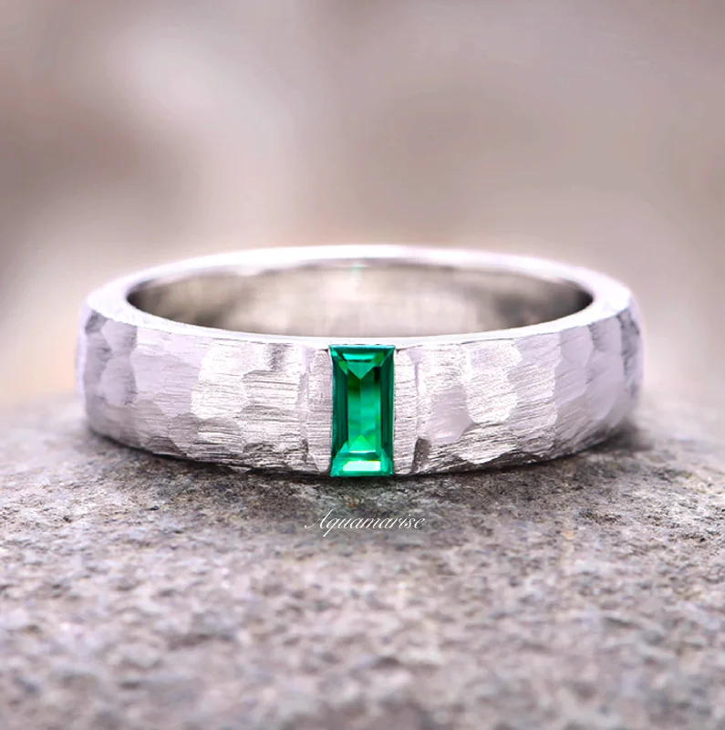 Oxidized silver ring-Hammered Emerald Wedding Band- 14K White Gold