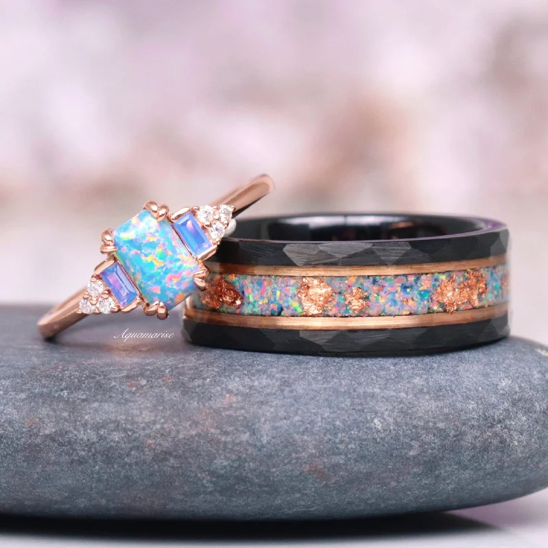 Elegant halo ring-Light Blue Fire Opal & Opalescent Sapphire Couples Ring