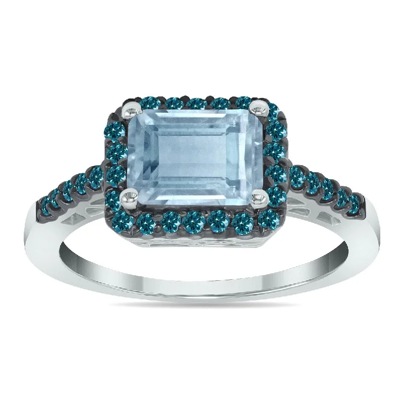 Hexagonal gem ring-Marquee Jewels 2 1/2 Carat Emerald Cut Aquamarine and 1/3 CTW Blue Diamond Ring in 10K White Gold