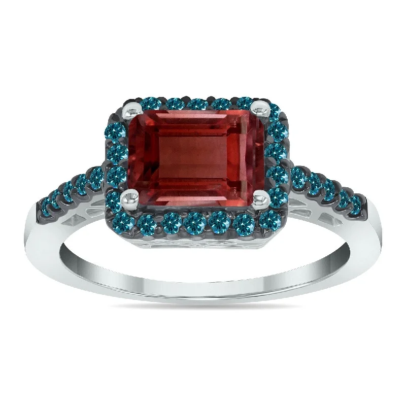 Minimalist stacking ring-Marquee Jewels 2 1/2 Carat Emerald Cut Garnet and 1/3 CTW Blue Diamond Ring in 10K White Gold