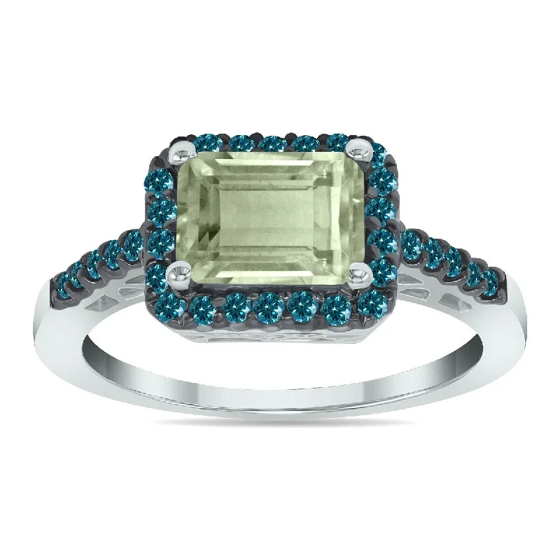 Wave design ring-Marquee Jewels 2 1/2 Carat Emerald Cut Green Amethyst and 1/3 CTW Blue Diamond Ring in 10K White Gold