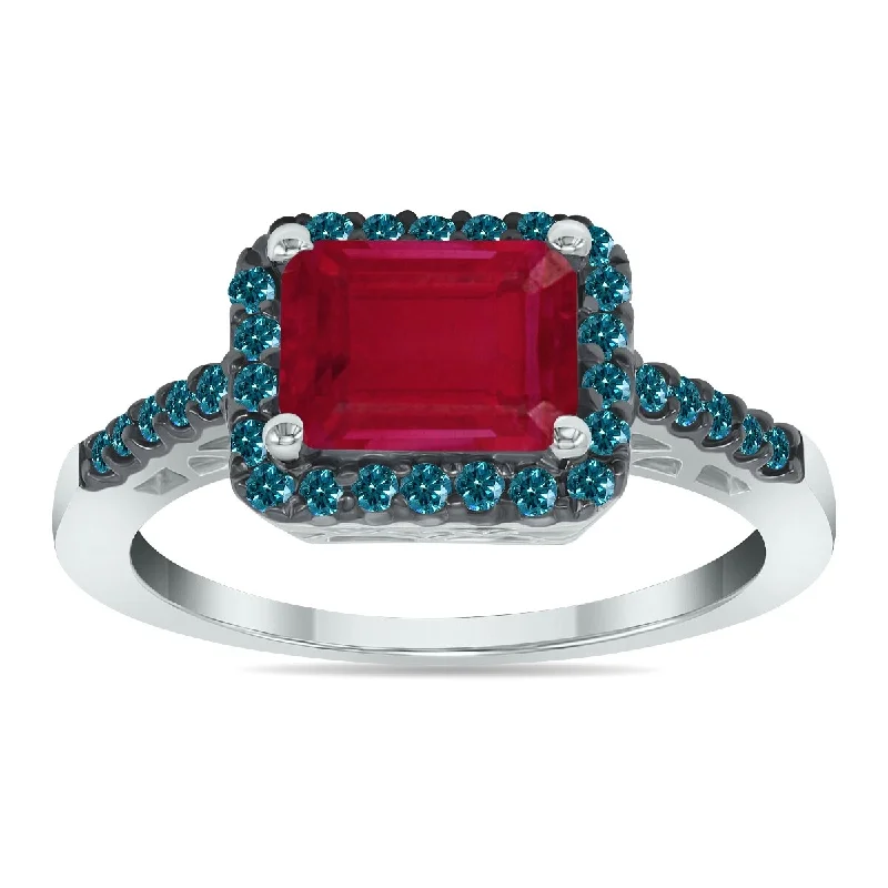 Adjustable birthstone ring-Marquee Jewels 2 1/2 Carat Emerald Cut Ruby and 1/3 CTW Blue Diamond Ring in 10K White Gold