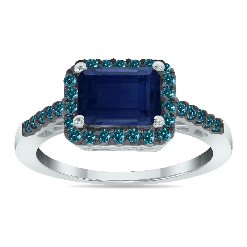 Serpent design ring-Marquee Jewels 2 1/2 Carat Emerald Cut Sapphire and 1/3 CTW Blue Diamond Ring in 10K White Gold