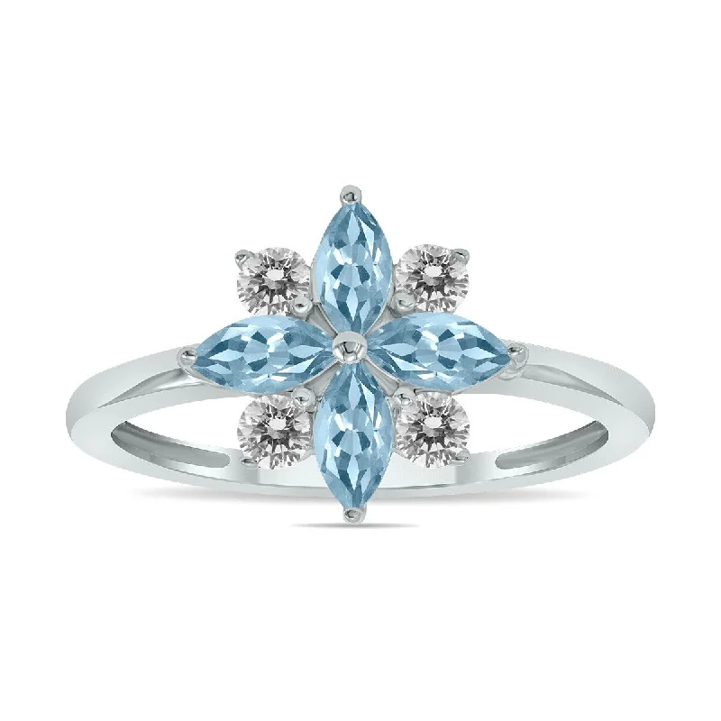 Gold plated stack ring-Marquee Jewels 3/4 Carat TW Aquamarine and Diamond Flower Ring in 10K White Gold