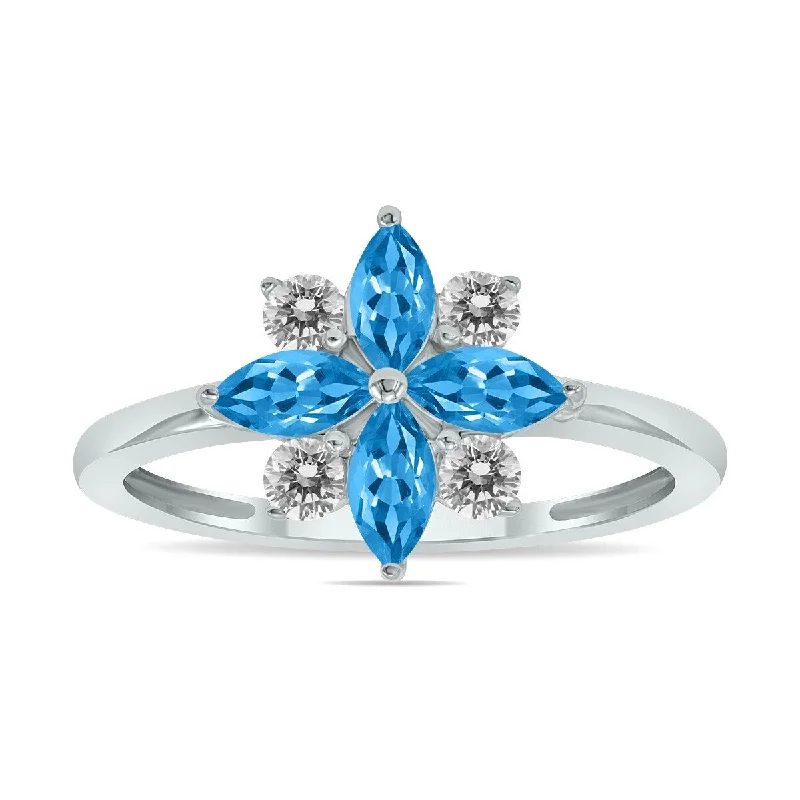 Two-tone anniversary ring-Marquee Jewels 3/4 Carat TW Blue Topaz and Diamond Flower Ring in 10K White Gold