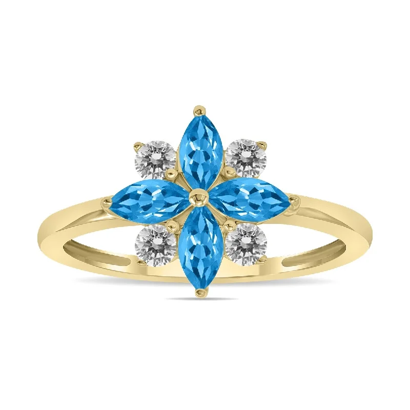 Rainbow gem ring-Marquee Jewels 3/4 Carat TW Blue Topaz and Diamond Flower Ring in 10K Yellow Gold