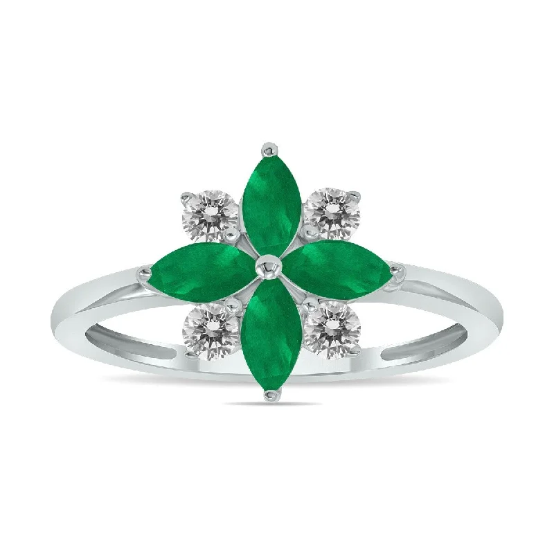 Filigree detail ring-Marquee Jewels 3/4 Carat TW Emerald and Diamond Flower Ring in 10K White Gold